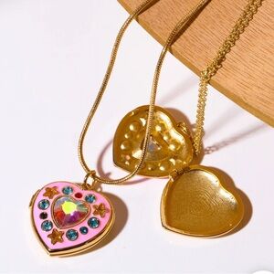 Pink Heart Locket Necklace With Colorful Gems